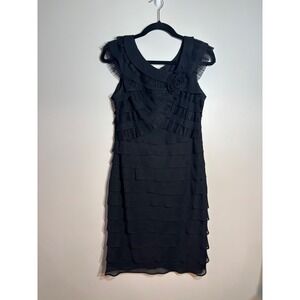 London Times‎ Black Tiered Ruffle Flower Detail V Neck Sheath Dress Size 10